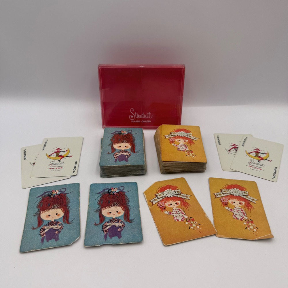 Vintage Stardust Playing Cards Double Deck Set Nu-Vue Whimsical Girls Red Case